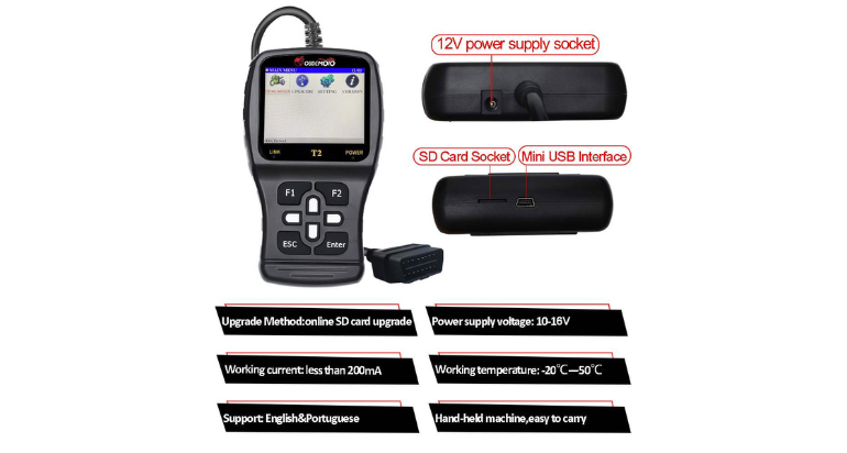 OBDEMOTO Motorcycle Diagnostic Instrument DTC Read & Clear T2 OBD II (Euro V/IV Protocol) 5 in 1 Code Reader